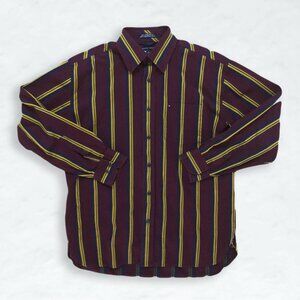 Tommy Hilfiger Striped Burgundy Yellow Long sleeve Vintage Dress Shirt